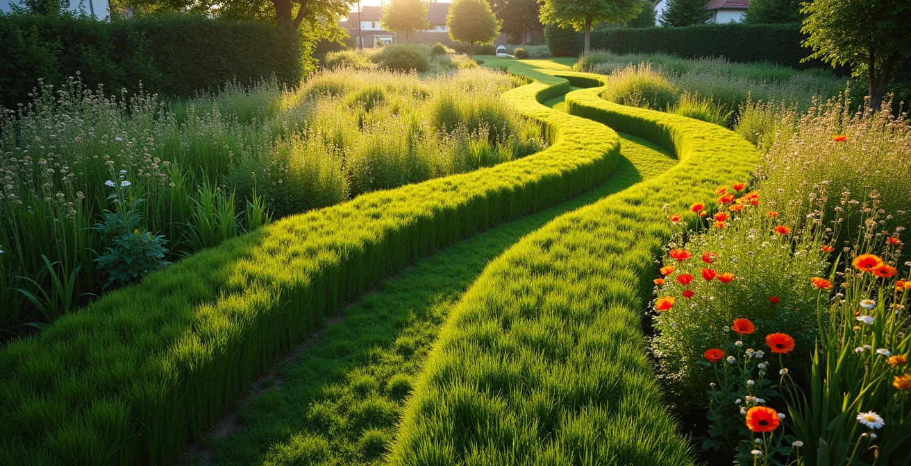 Prairie fleurie avec chemins tondus créant un motif graphique dans jardin belge