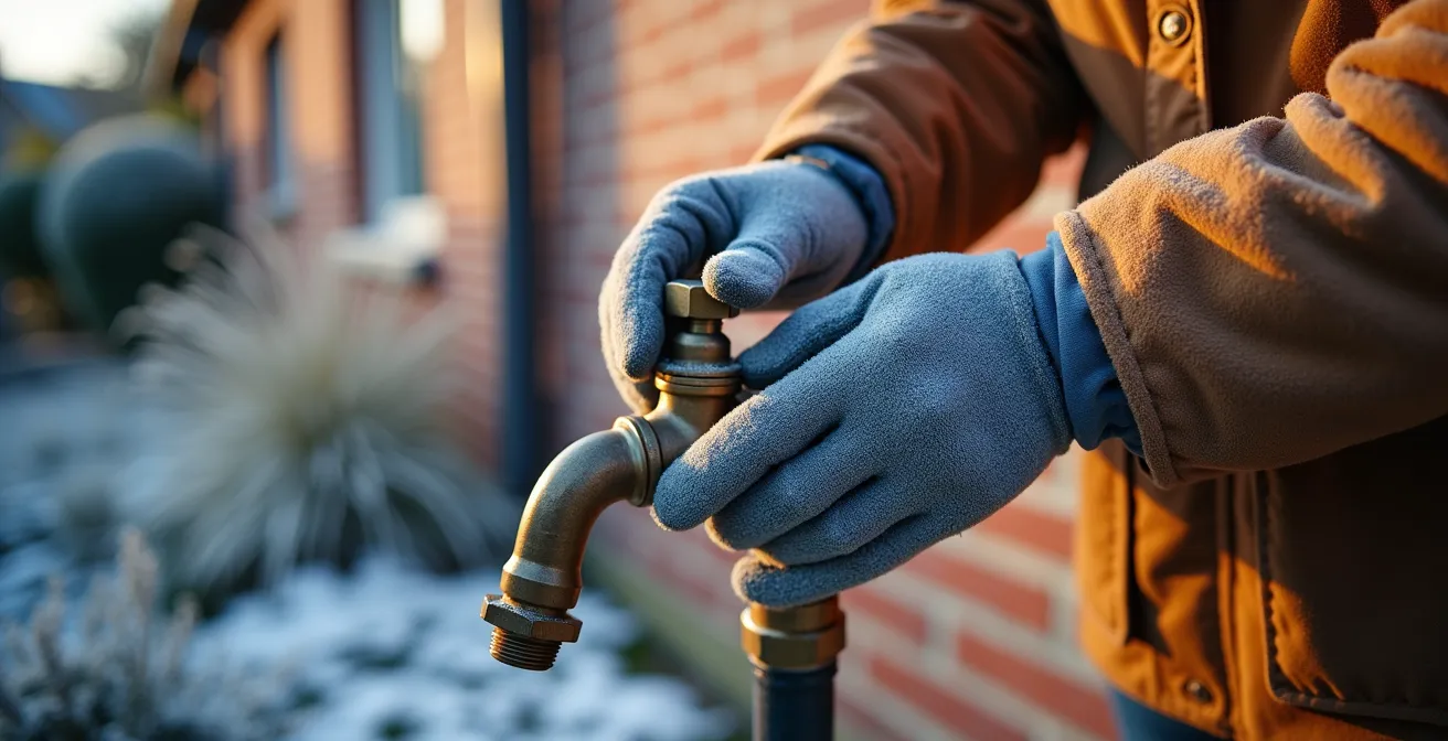 Vue rapprochée d'un robinet extérieur protégé pour l'hiver avec isolation visible