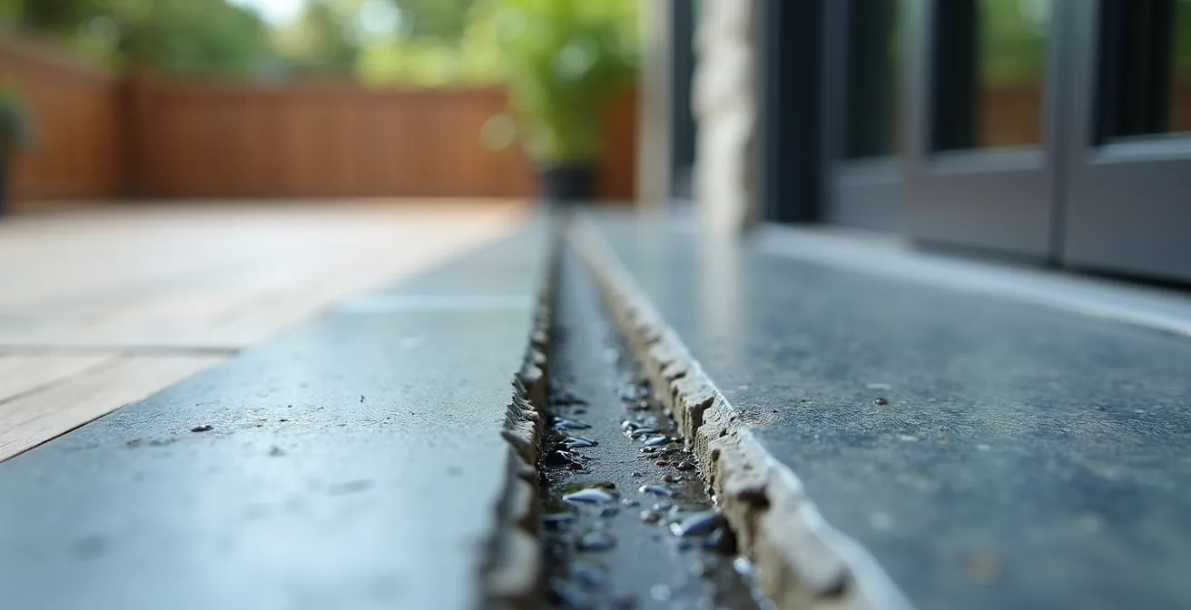 Détail architectural d'un seuil encastré en pierre bleue belge avec système de drainage