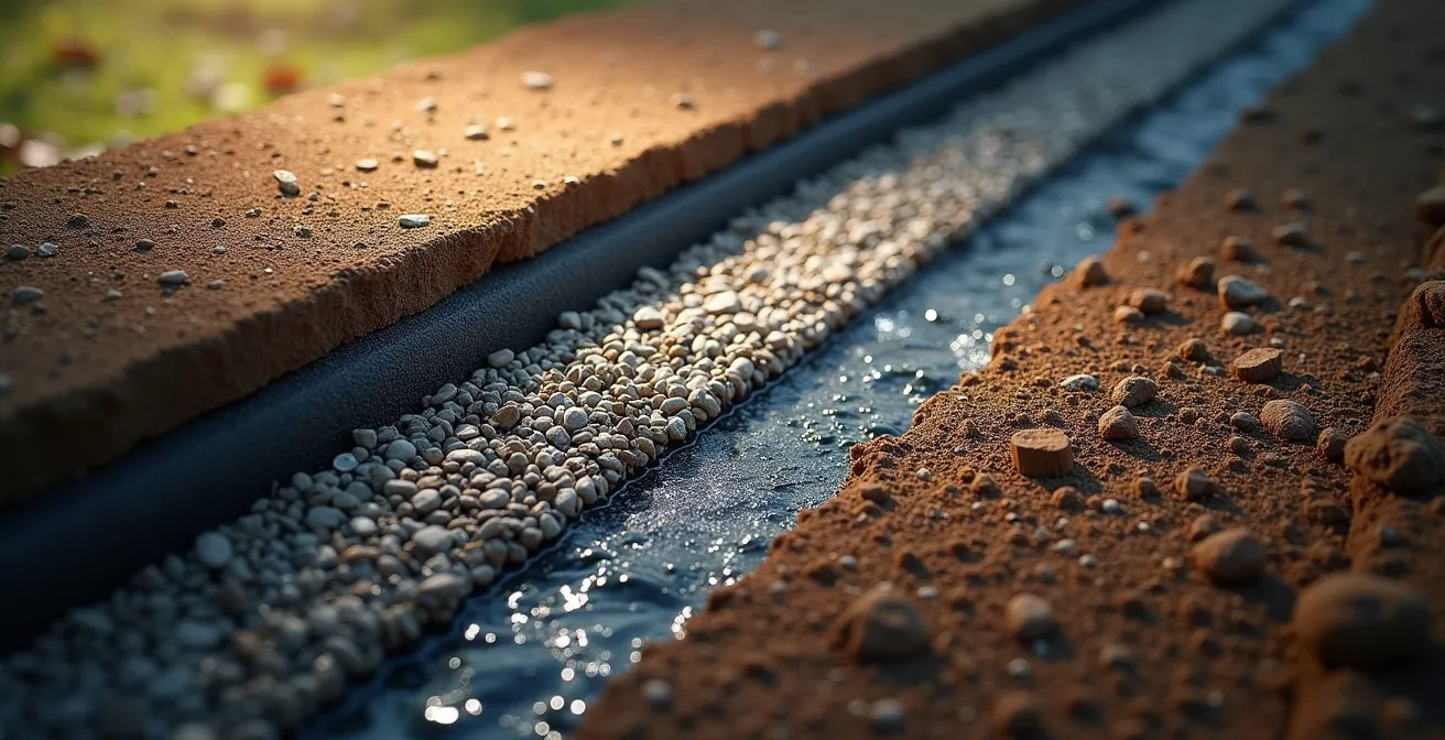 Coupe technique d'un système de drainage avec drain, géotextile et gravier derrière un mur de soutènement