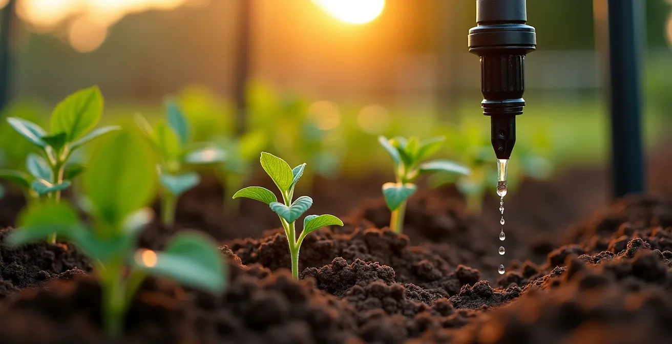Gros plan sur un système de goutte-à-goutte installé dans un potager avec des légumes en croissance