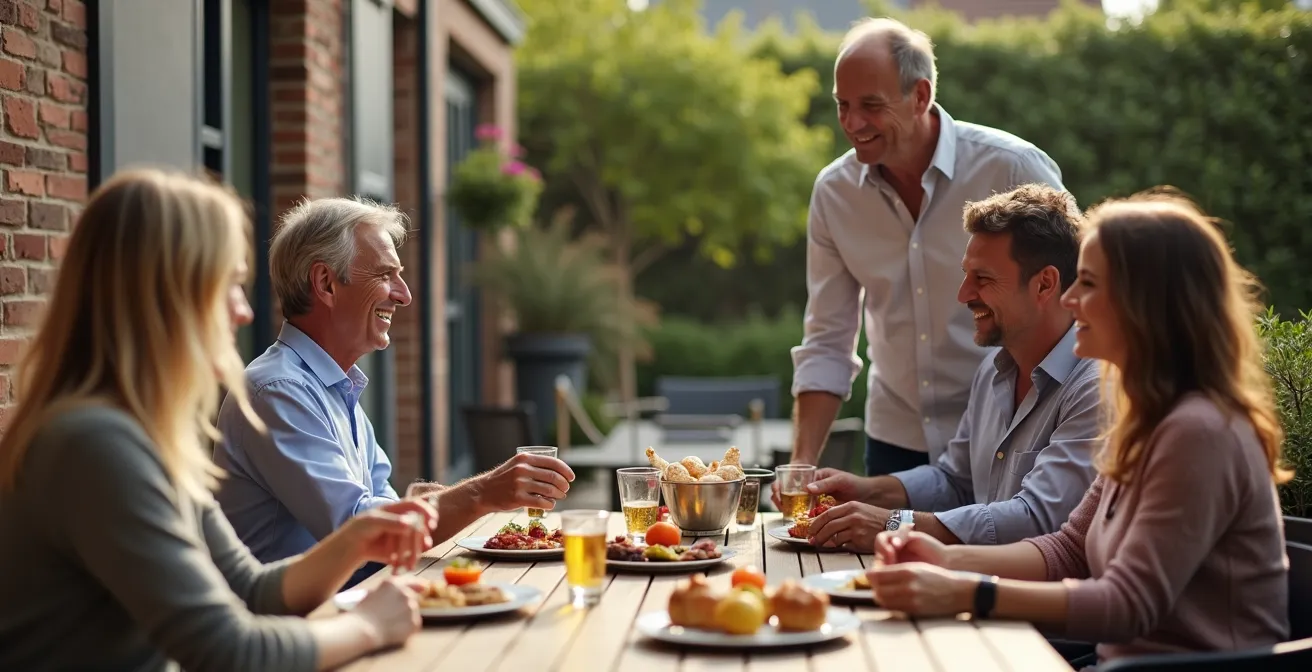 Table mi-hauteur installée sur une terrasse belge avec convives partageant un apéritif dînatoire