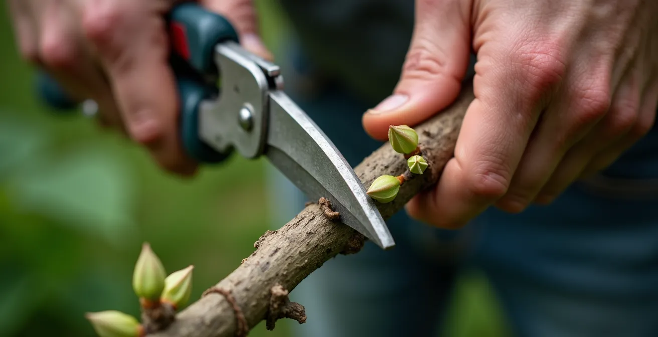 Gros plan sur la taille d'un vieil hortensia avec sécateur montrant la technique précise de coupe