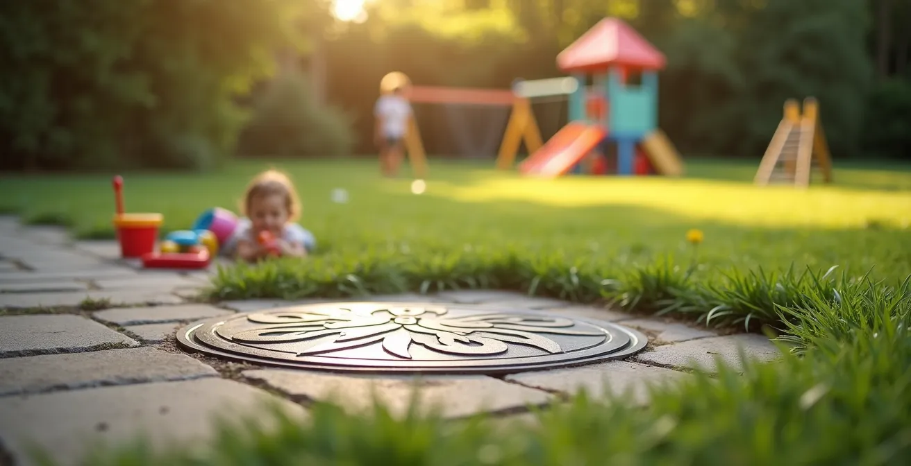 Tampon de citerne sécurisé parfaitement intégré dans un aménagement de jardin familial