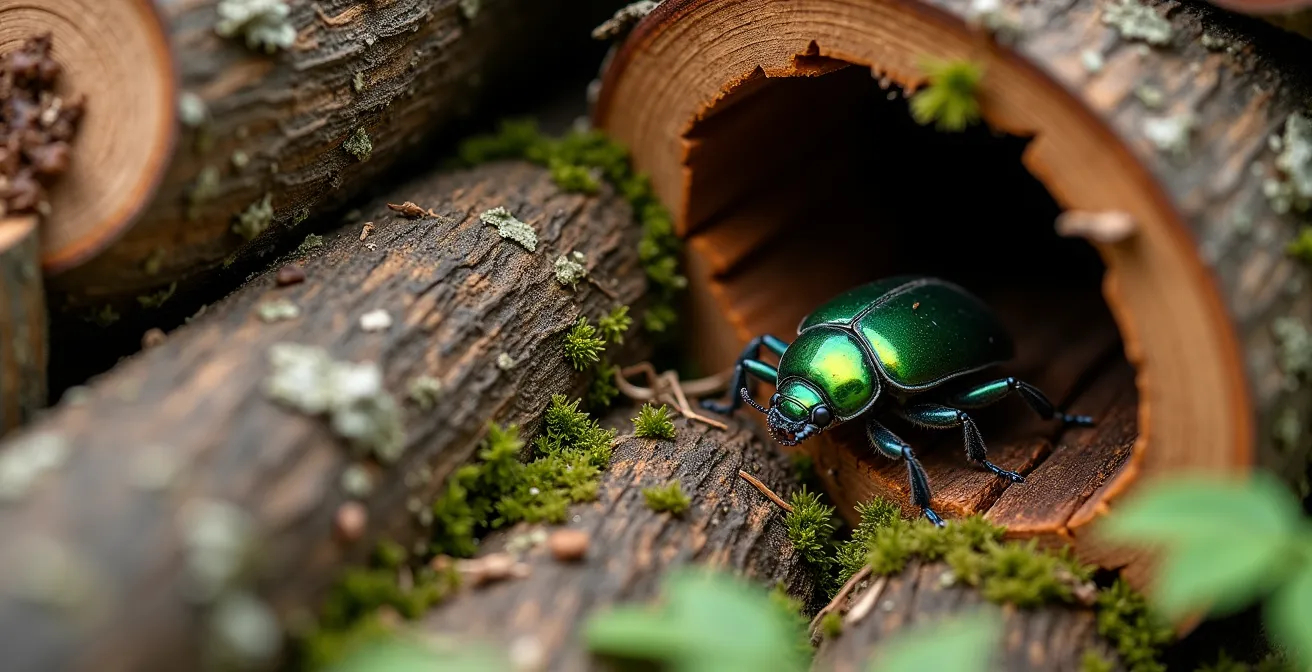 Tas de bois aménagé avec cavités pour insectes auxiliaires dans un jardin belge