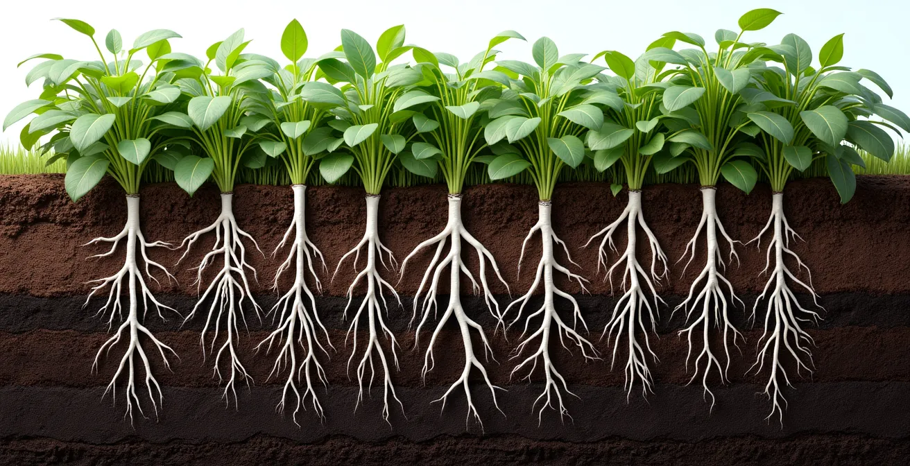 Coupe transversale d'un massif montrant les différentes strates de racines avec plantes à pivot profond et couvre-sols superficiels