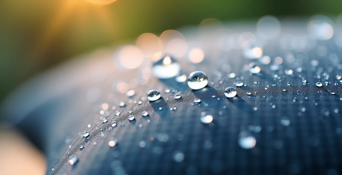Gros plan sur la texture d'un tissu Sunbrella avec gouttes d'eau perlant sur la surface