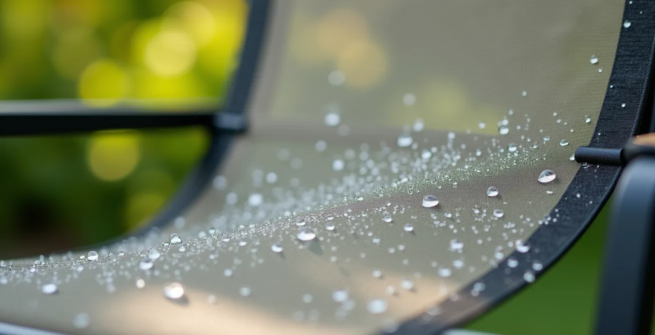 Détail macro de la toile textilène tendue d'un fauteuil de jardin montrant la texture aérée