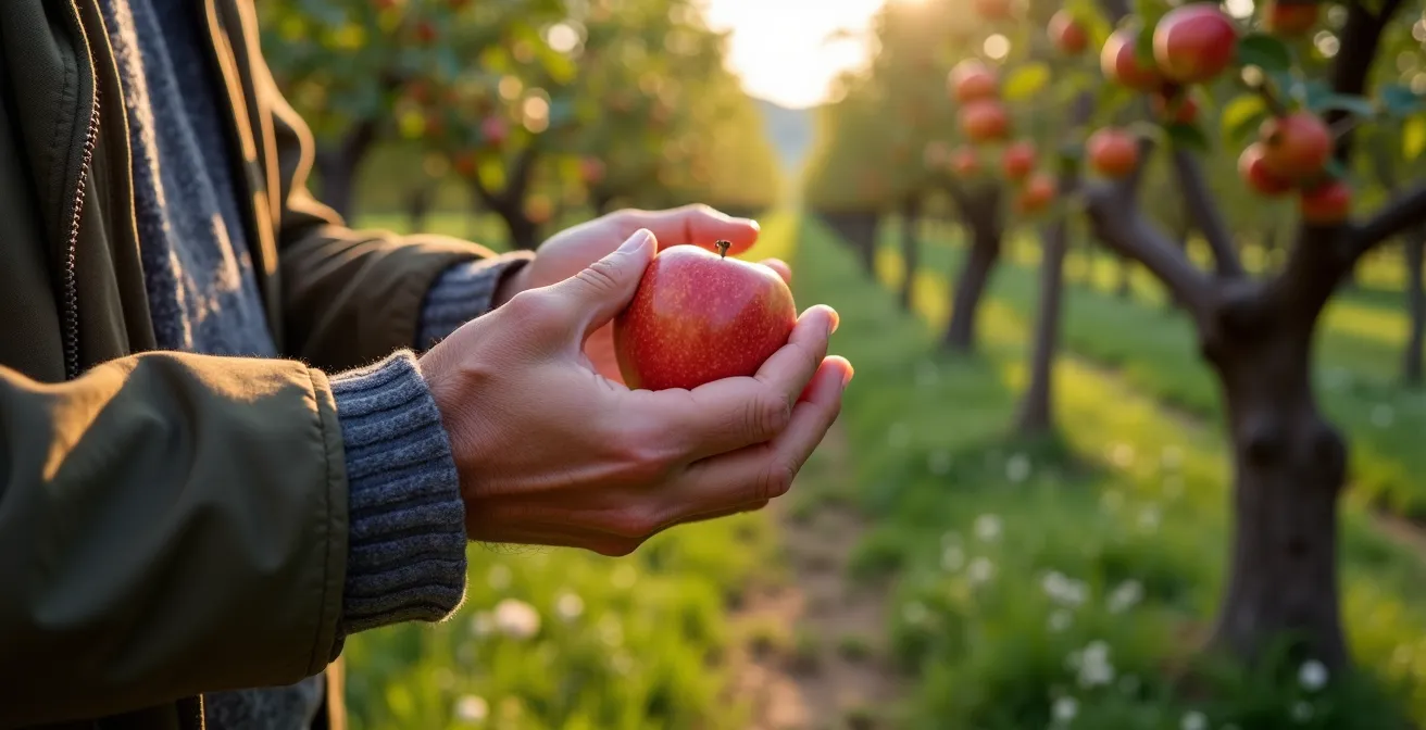 Verger traditionnel belge avec pommiers haute tige, prairie naturelle et biodiversité