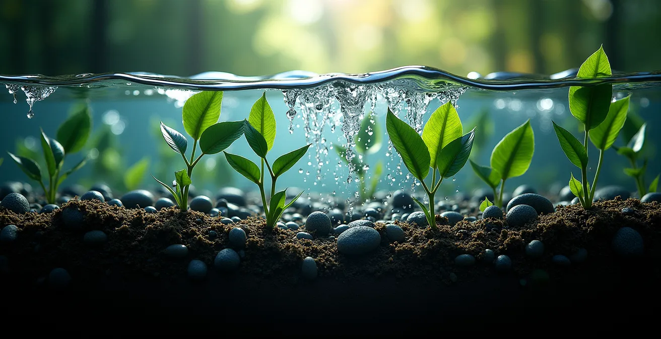 Zone de lagunage avec iris pseudacorus et plantes filtrantes dans un étang belge